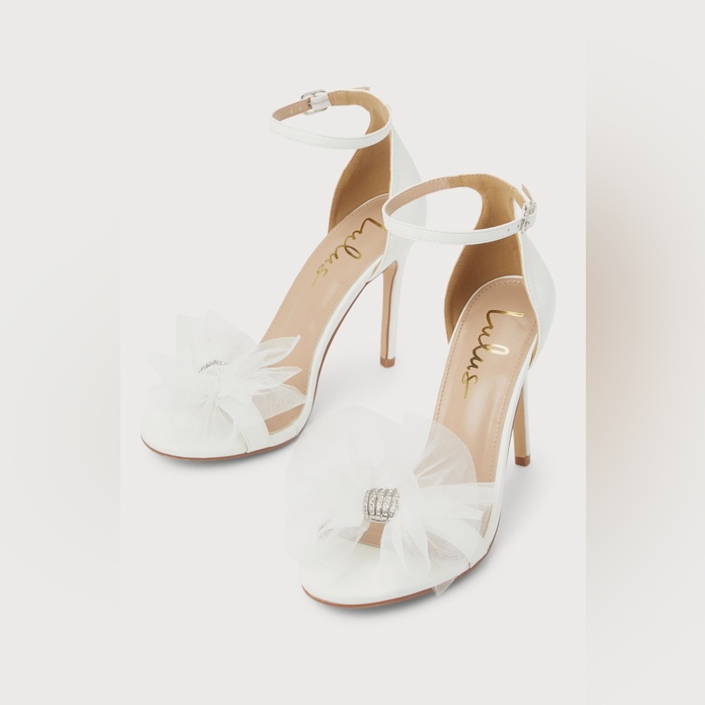 Rexie White Bow Pointed-Toe Ankle Strap Heels